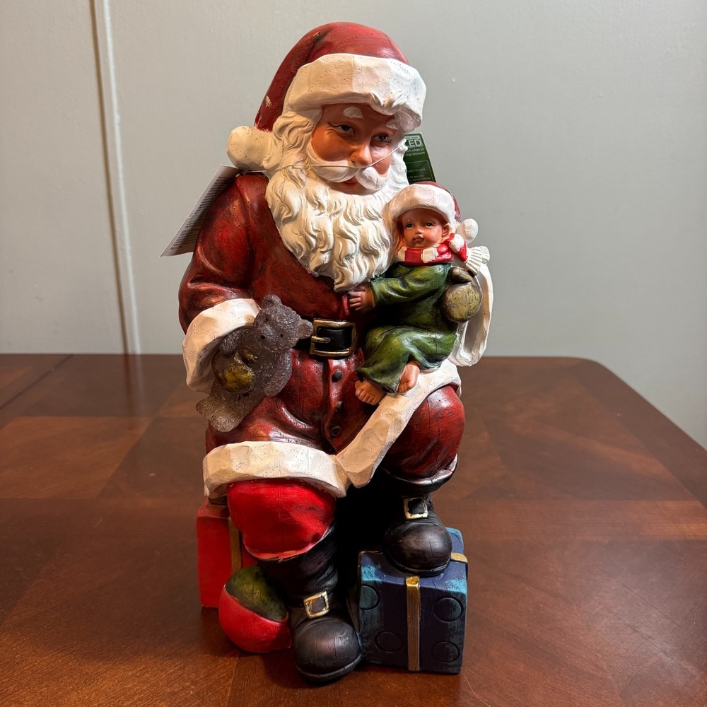 Holiday Home Santa Claus Figurine w/ Child LED Light Christmas Decor 15" Collect